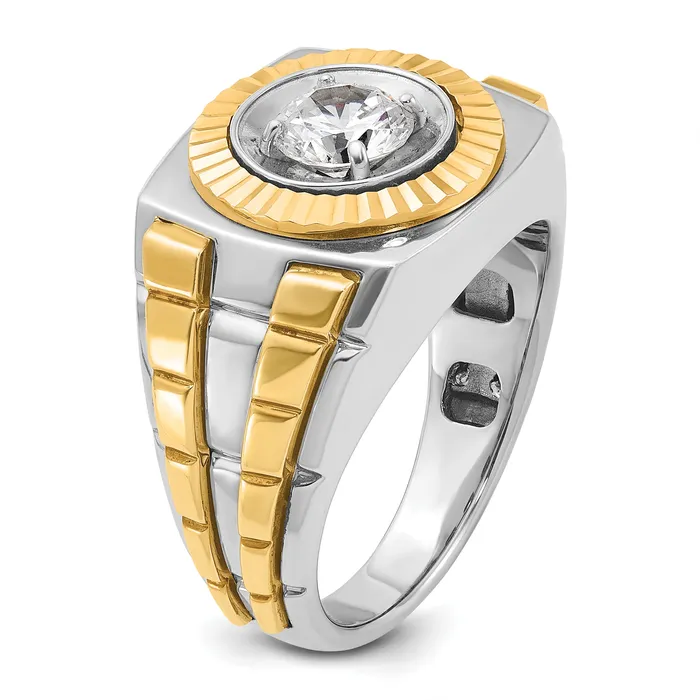 14k Twotone Two Tone 1 Ct Lab Grown Diamond VSSI G Polished Satin and Textured Mens Ring Goldia Rings