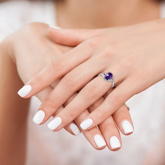 14k White Gold 8x6mm Oval Amethyst Checker AAA Diamond ring Goldia Rings