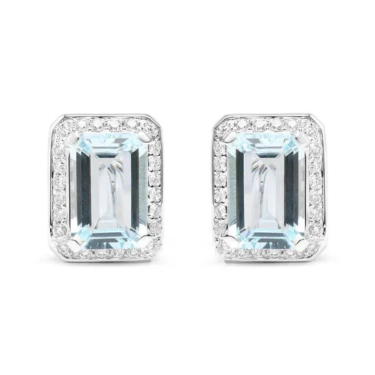 Original 18K White Gold 34 Cttw Round Diamond and 13x9mm Emerald Cut Blue Aquamarine Gemstone Halo Omega Stud Earrings GH Color SI1SI2 Clarity JMS always Earrings