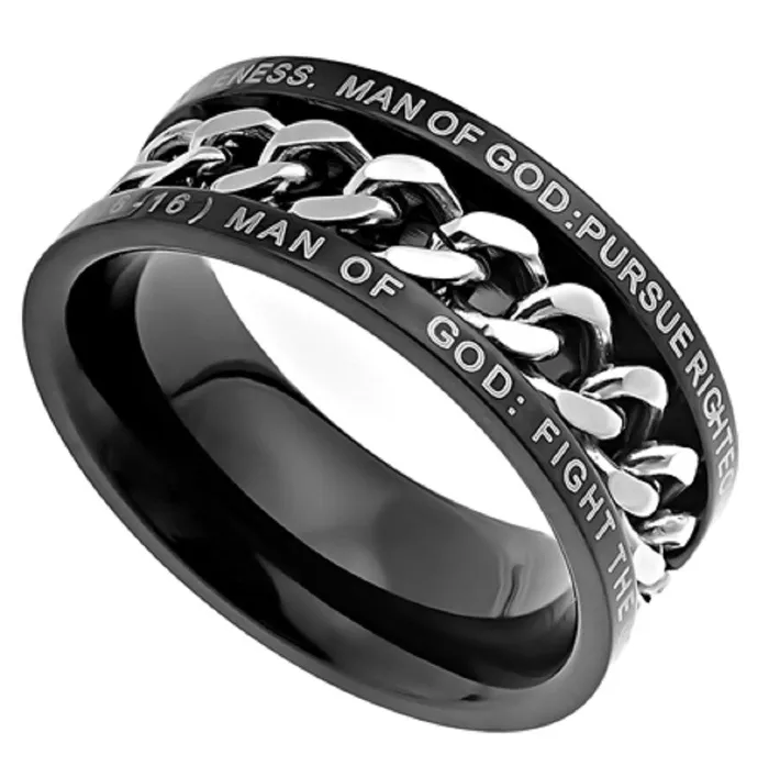Rings North Arrow Shop Man of God Ring Black Stainless Steel Spinner Chain with Bible Verse