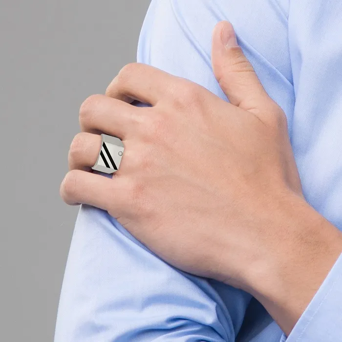 Rings TreasureFineJewelers Stainless Steel Brushed Black IPplated wCZ Signet Ring
