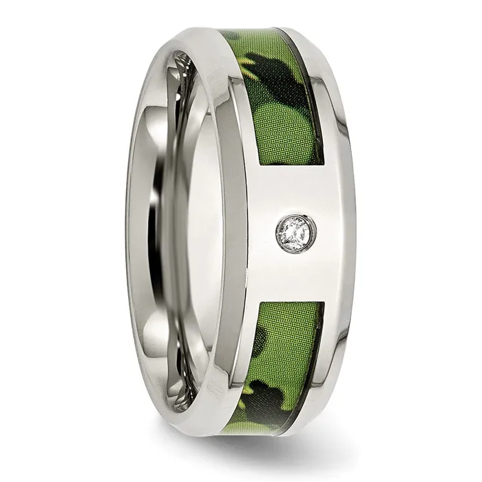 Rings TreasureFineJewelers Stainless Steel Polished Camouflage 03ct Diamond 8mm Band