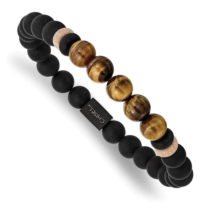 TreasureFineJewelers Chisel Stainless Steel Brushed Black IPplated 8mm Black Agate and Tigers Eye Beaded Stretch Bracelet Bracelets