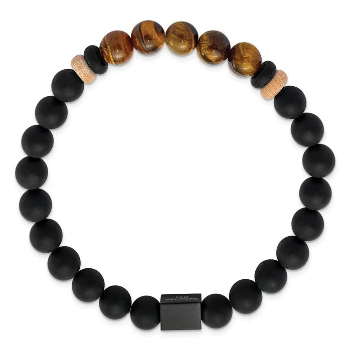 TreasureFineJewelers Chisel Stainless Steel Brushed Black IPplated 8mm Black Agate and Tigers Eye Beaded Stretch Bracelet Bracelets