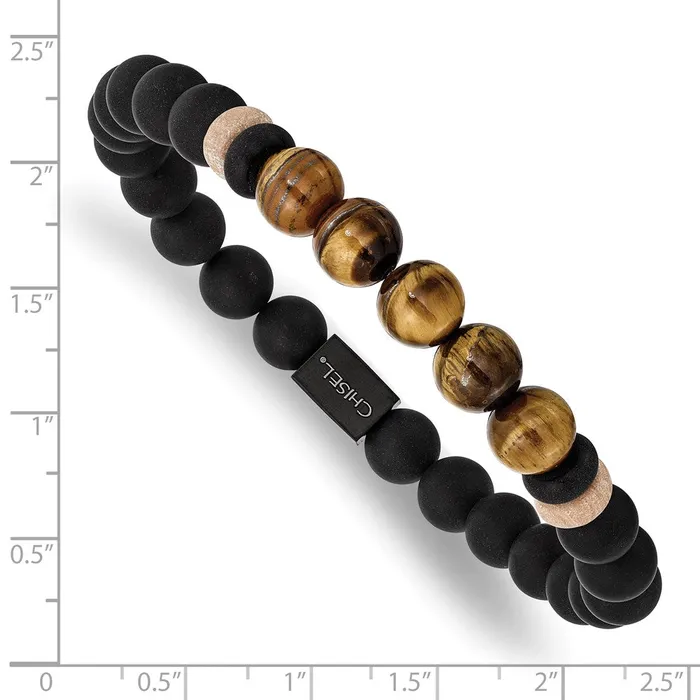 TreasureFineJewelers Chisel Stainless Steel Brushed Black IPplated 8mm Black Agate and Tigers Eye Beaded Stretch Bracelet Bracelets