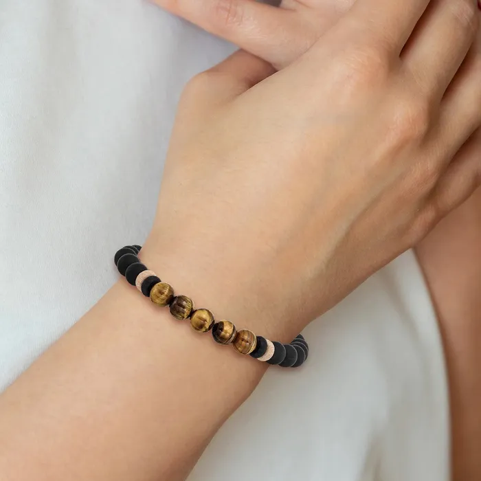 TreasureFineJewelers Chisel Stainless Steel Brushed Black IPplated 8mm Black Agate and Tigers Eye Beaded Stretch Bracelet Bracelets