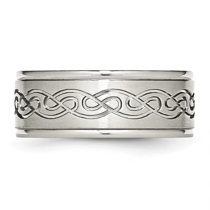 TreasureFineJewelers Rings Stainless Steel BrushedPolished Scroll Design 9mm Ridged Edge Band