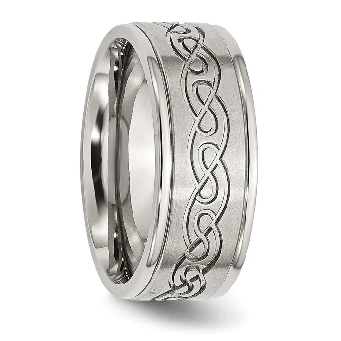 TreasureFineJewelers Rings Stainless Steel BrushedPolished Scroll Design 9mm Ridged Edge Band