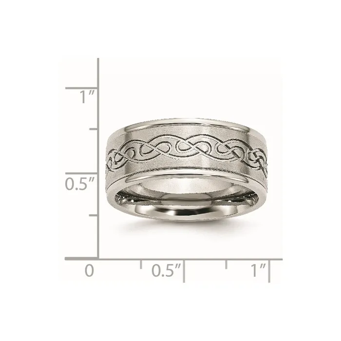 TreasureFineJewelers Rings Stainless Steel BrushedPolished Scroll Design 9mm Ridged Edge Band