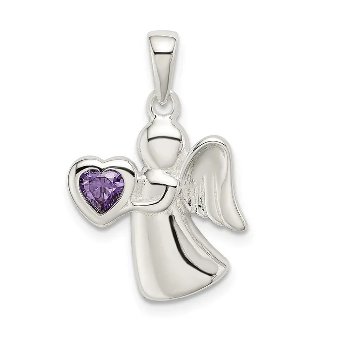 TreasureFineJewelers Sterling Silver Angel wPurple CZ Heart Pendant Necklaces