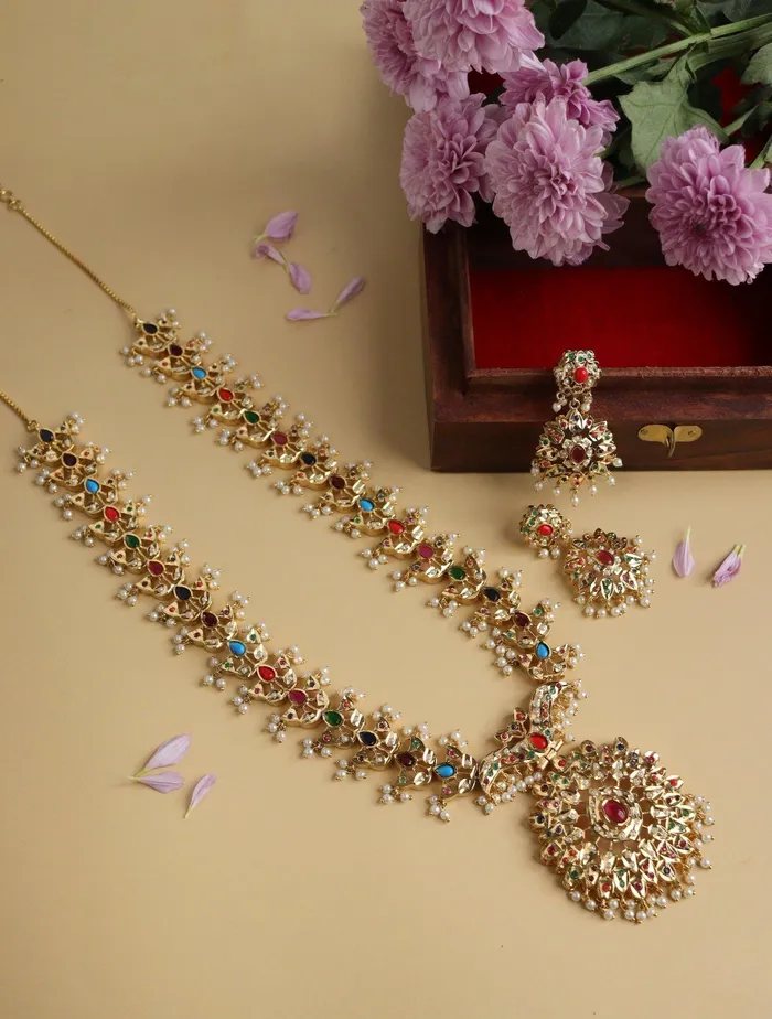 Necklaces Curio Cottage Bridal Navratan Stones and Pearls Jadau Necklace Set