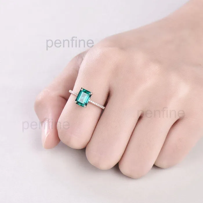 PENFINE Rings Emerald Cut Emerald Demi Diamond Engagement Ring