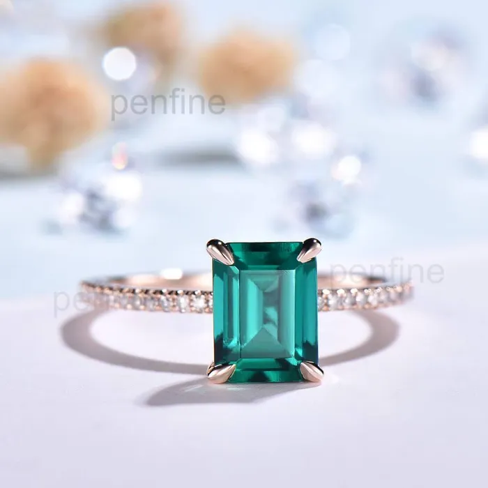 PENFINE Rings Emerald Cut Emerald Demi Diamond Engagement Ring