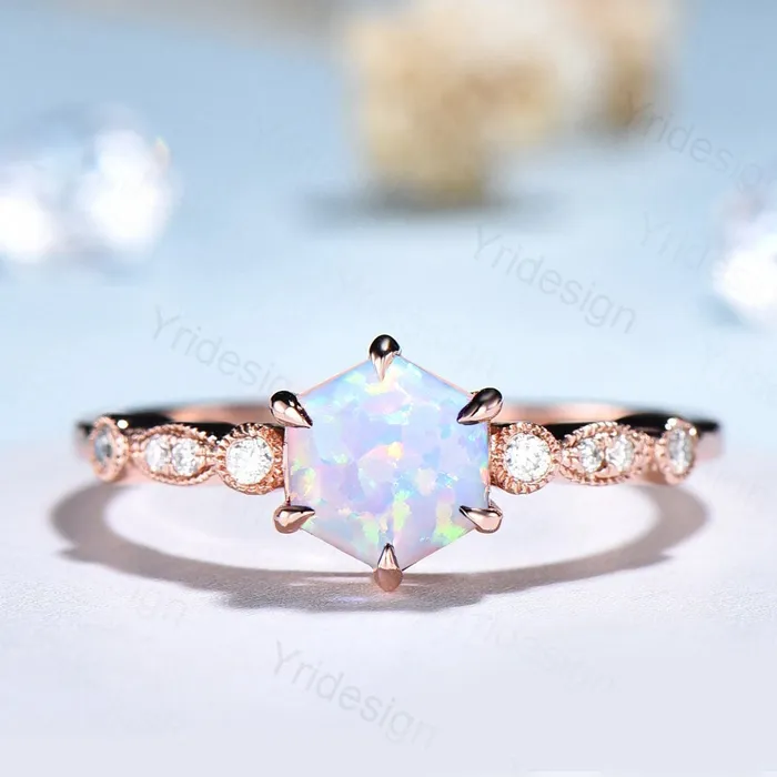 PENFINE Rings Hexagon opal ring dainty vintage white opal engagement ring art deco 6 prongs sterling silver simulated CZ bride ring for women promise ring