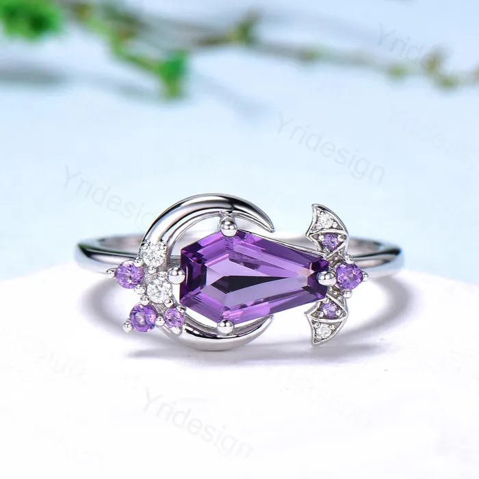 PENFINE Rings Unique Coffin Shape Amethyst Ring Marquise Purple Crystal Shield Shape Gothic Engagement Ring Vintage Handmade Bat Proposal Gifts for Women