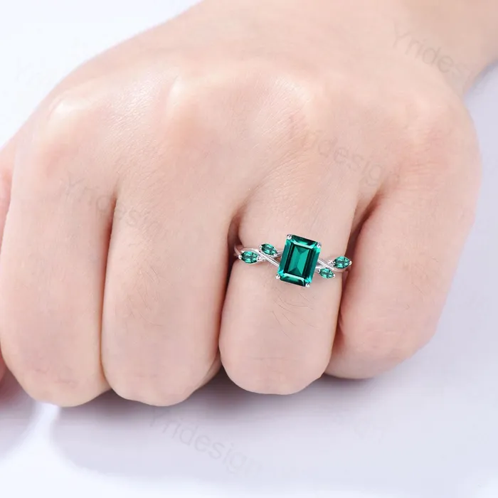 PENFINE Unique Emerald Cut Emerald Engagement Ring Five Stone Marquise Emerald Eternity Wedding Ring For Women Split Shank Promise Ring Gift Women Rings