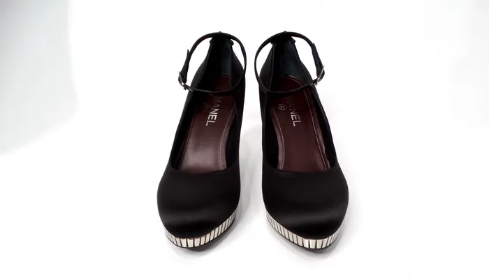 Rings Vintage by Misty Chanel Black Satin Pumps With SilverTone Heels