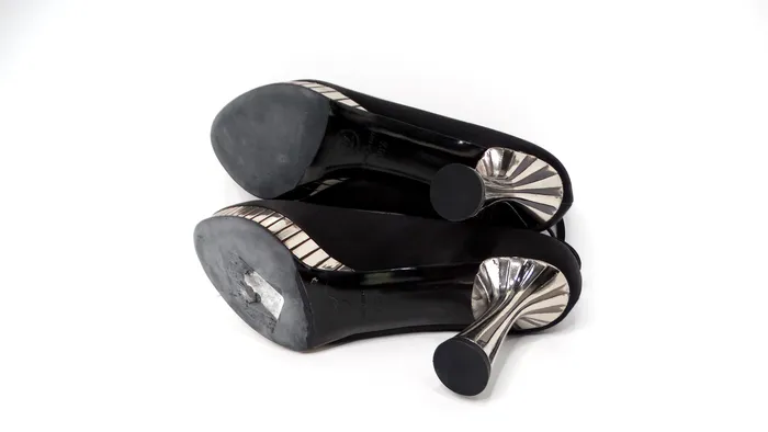 Rings Vintage by Misty Chanel Black Satin Pumps With SilverTone Heels