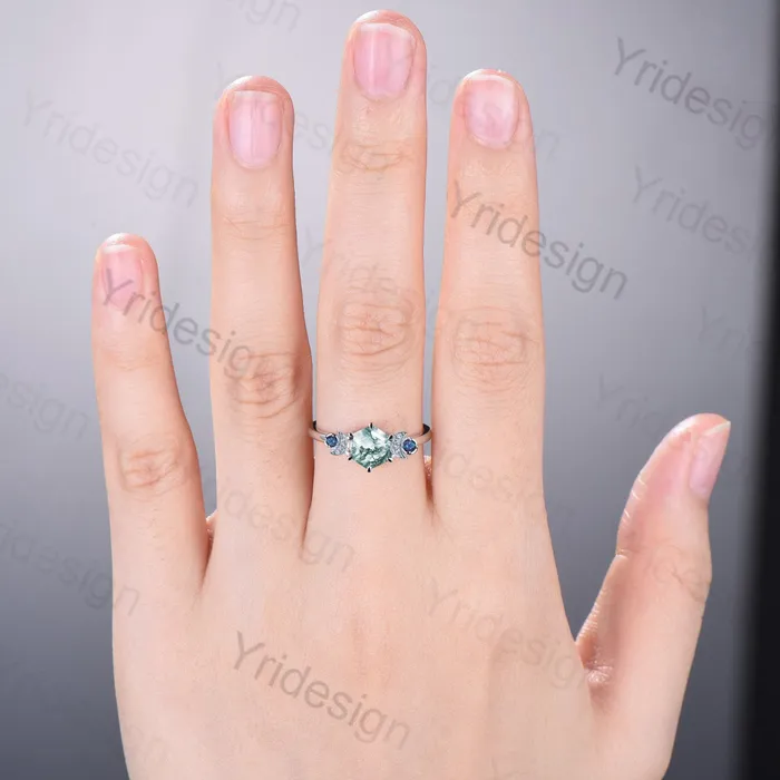 Unique hexagon moss agate engagement ring Magic celestial moon alexandrite wedding ring vintage crescent anniversary ring gift for women PENFINE Rings Unique hexagon moss agate engagement ring Magic celestial moon alexandrite wedding ring vintage crescent anniversary ring gift for women PENFINE Rings