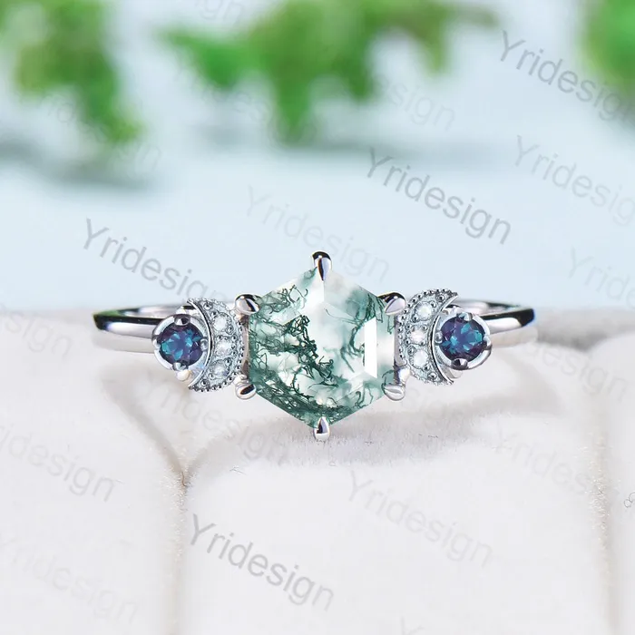 Unique hexagon moss agate engagement ring Magic celestial moon alexandrite wedding ring vintage crescent anniversary ring gift for women PENFINE Rings Unique hexagon moss agate engagement ring Magic celestial moon alexandrite wedding ring vintage crescent anniversary ring gift for women PENFINE Rings