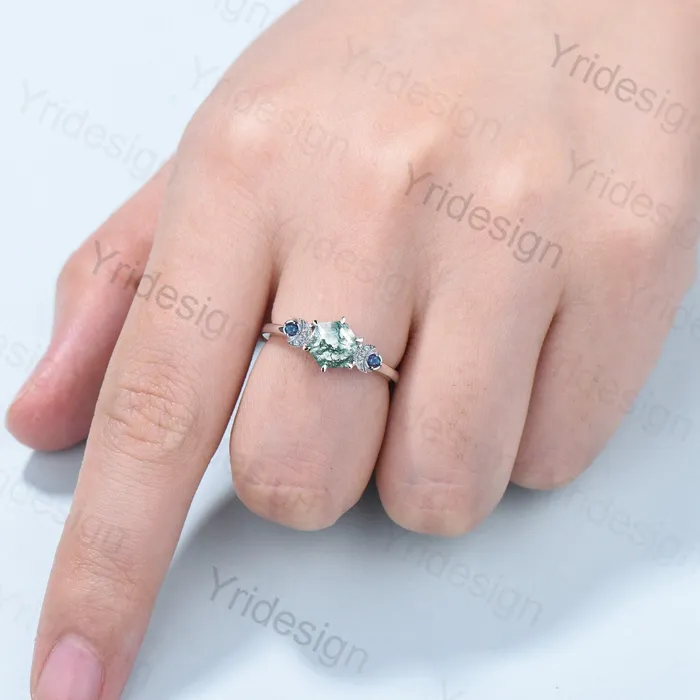 Unique hexagon moss agate engagement ring Magic celestial moon alexandrite wedding ring vintage crescent anniversary ring gift for women PENFINE Rings Unique hexagon moss agate engagement ring Magic celestial moon alexandrite wedding ring vintage crescent anniversary ring gift for women PENFINE Rings