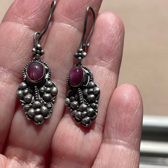 Vintage Paris Jewelry Earrings Star Ruby Earrings Flowers Sterling Silver Vintage As Is