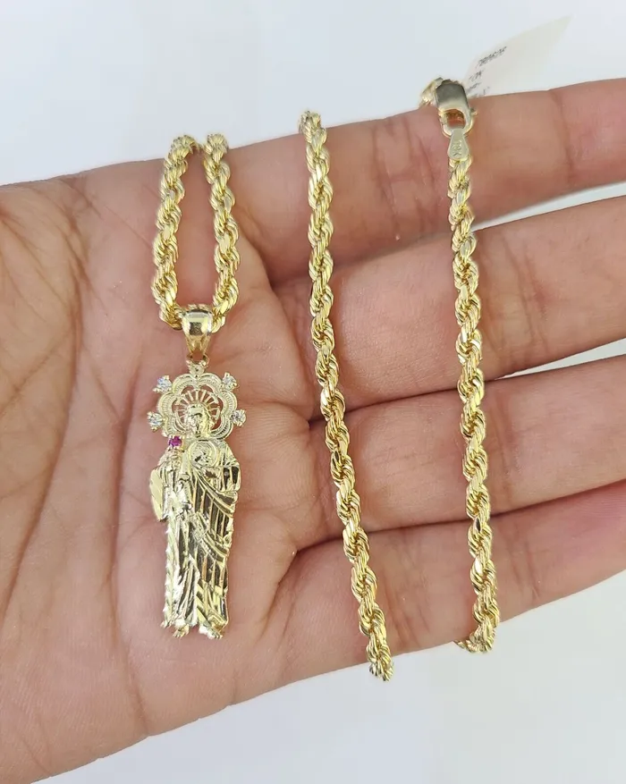 10k 3mm Rope Chain Saint Jude Pendant 1830 Yellow Gold Set Charm Necklace Gold and Diamond Necklaces