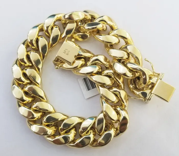 10K Yellow Gold Bracelet 15mm Miami Cuban Link 85 Real 10kt Gold Thick mens Gold and Diamond Bracelets