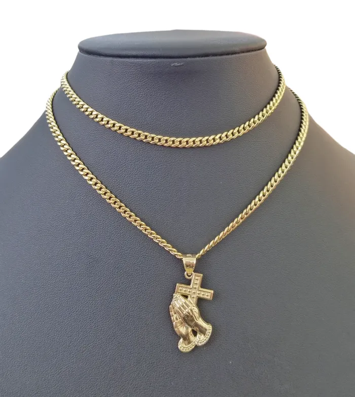 Charm Necklaces Globalwatches10 Real 10k Gold Praying Hand Cross Charm Pendent 4mm Cuban Chain 18 30 Inch