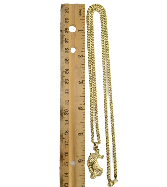 Charm Necklaces Globalwatches10 Real 10k Gold Praying Hand Cross Charm Pendent 4mm Cuban Chain 18 30 Inch