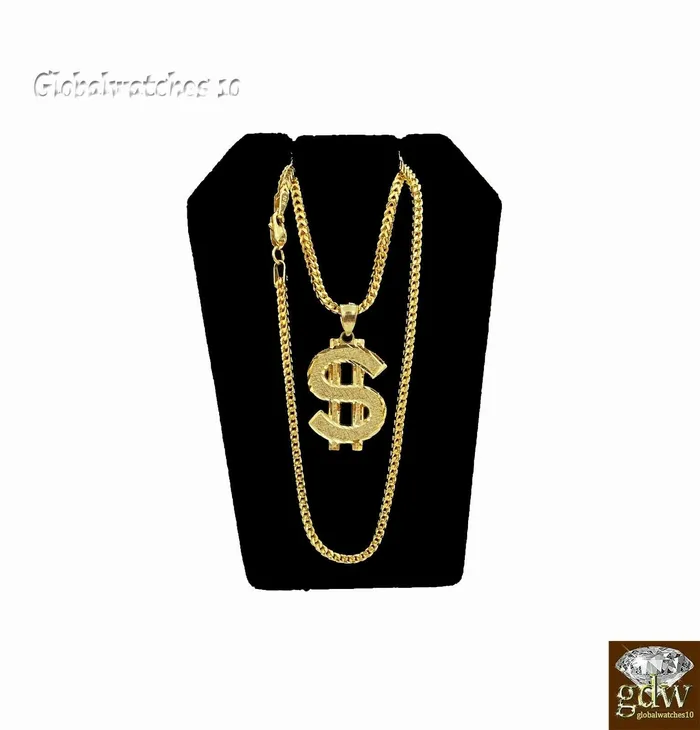Charm Necklaces Gold and Diamond 10k Gold Charm Pendant DollarMoney Sign with Franco Chain in 20 22 24 26 Inch