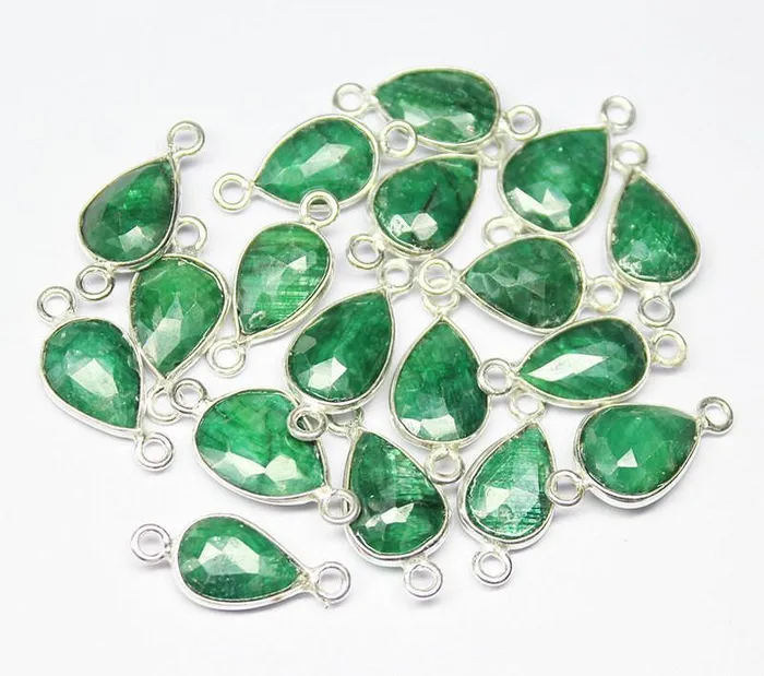 Earrings Beads Supplies USA Natural Dyed Green Emerald 925 Sterling Silver Pear Shape Connector Bezel 2pc 17mm