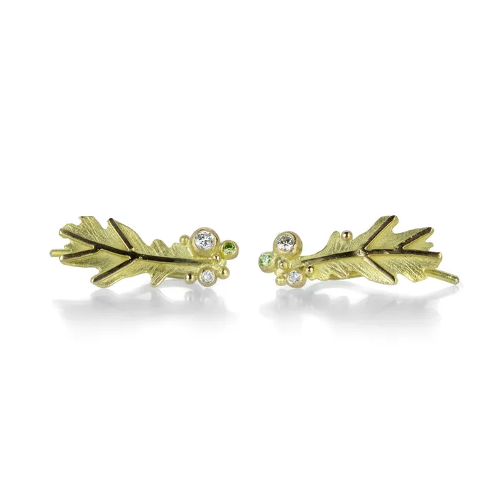 Earrings Lene Vibe Leaf Ear Climbers with Diamonds