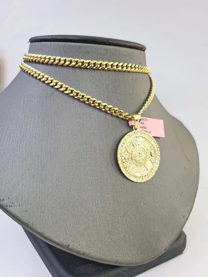 Globalwatches10 Charm Necklaces 14k Yellow Gold Miami Cuban Chain Mayan Calendar Charm SET 5mm 22 Inches