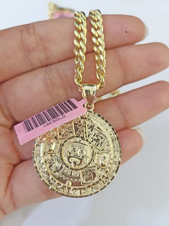 Globalwatches10 Charm Necklaces 14k Yellow Gold Miami Cuban Chain Mayan Calendar Charm SET 5mm 22 Inches