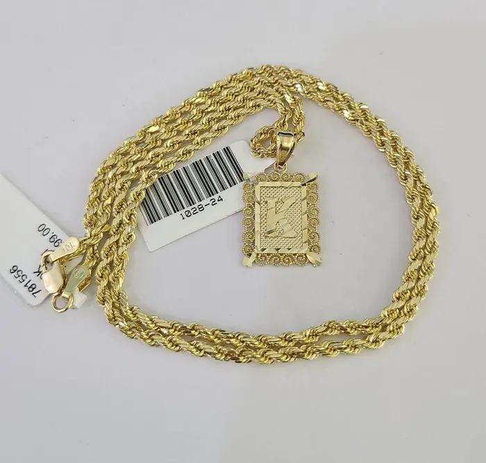 Gold and Diamond Necklaces 10k Gold Initial K Charm Rope Chain 1626 25mm SET Necklace Alphabet Pendant