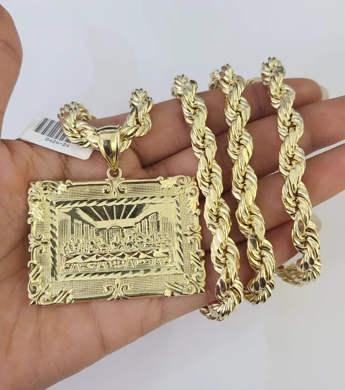 Gold and Diamond Necklaces Real 10k Rope Chain Last Supper Charm Set 8mm 2030 Inch Necklace Gold