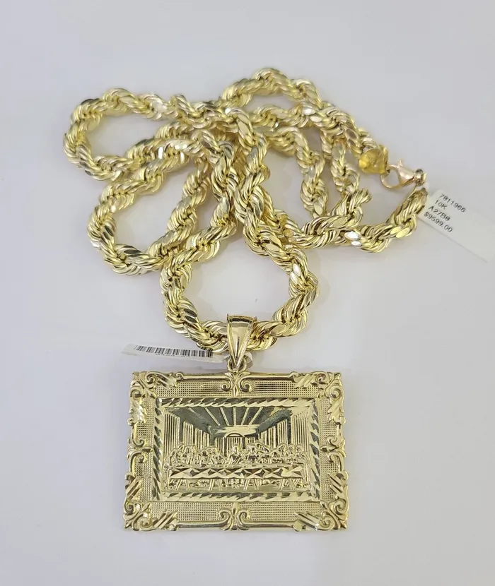 Gold and Diamond Necklaces Real 10k Rope Chain Last Supper Charm Set 8mm 2030 Inch Necklace Gold