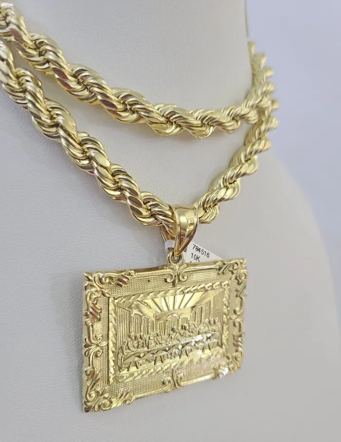 Gold and Diamond Necklaces Real 10k Rope Chain Last Supper Charm Set 8mm 2030 Inch Necklace Gold