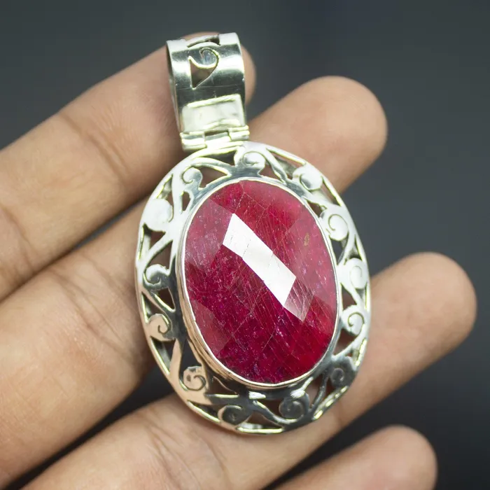 Necklaces Beads Supplies USA 17g Totally Handmade Natural Ruby Checker Oval Shape 925 Sterling Silver Pendant