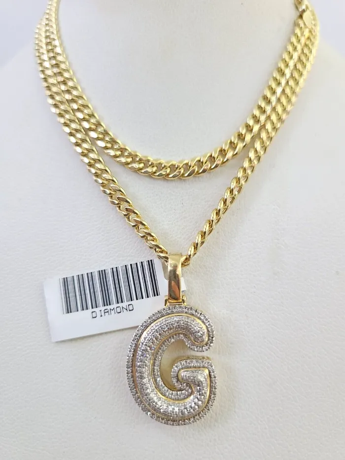 Necklaces Gold and Diamond 10k Miami Cuban Chain Diamond G Initial Charm Set 4mm 1828 Necklace Gold