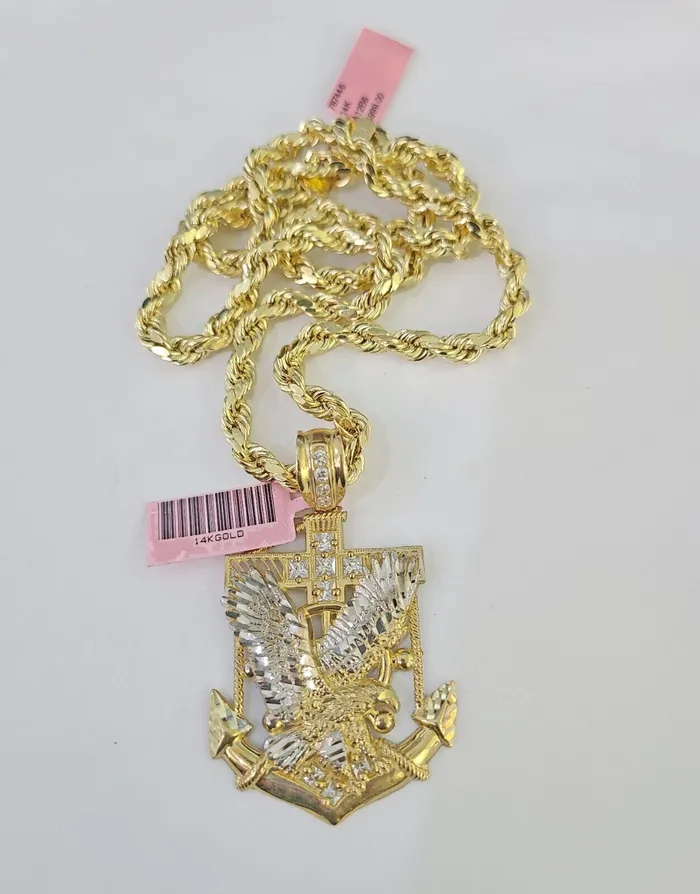 Real 14k Rope Chain Eagle Anchor Charm Set 6mm 1828 Necklace Yellow Gold Gold and Diamond Necklaces