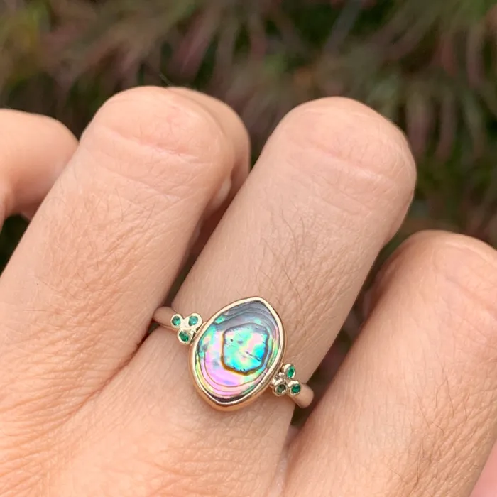 Emily Amey Jewelry Rings Abalone and Emerald ring in 14k gold and Sterling Silver
