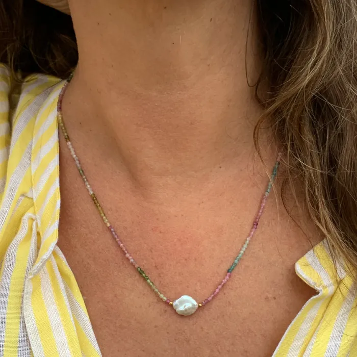 Necklaces Emily Amey Jewelry Keshi Pearl with Watermelon Tourmaline Beaded Necklace